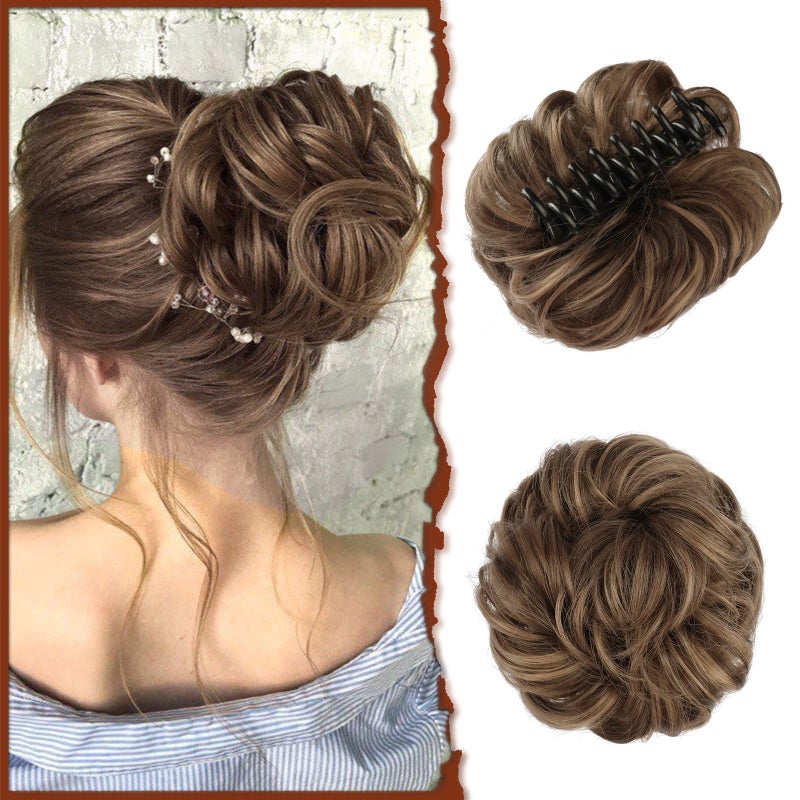 SOFEIYAN Claw Clip Messy Bun Hair Piece Wavy Curly Hair Bun Clip in Claw Chignon Ponytail Hairpieces Synthetic Tousled Updo Hair Extensions Scrunchie Hairpiece for Women Golden Brown Mixed Blonde
